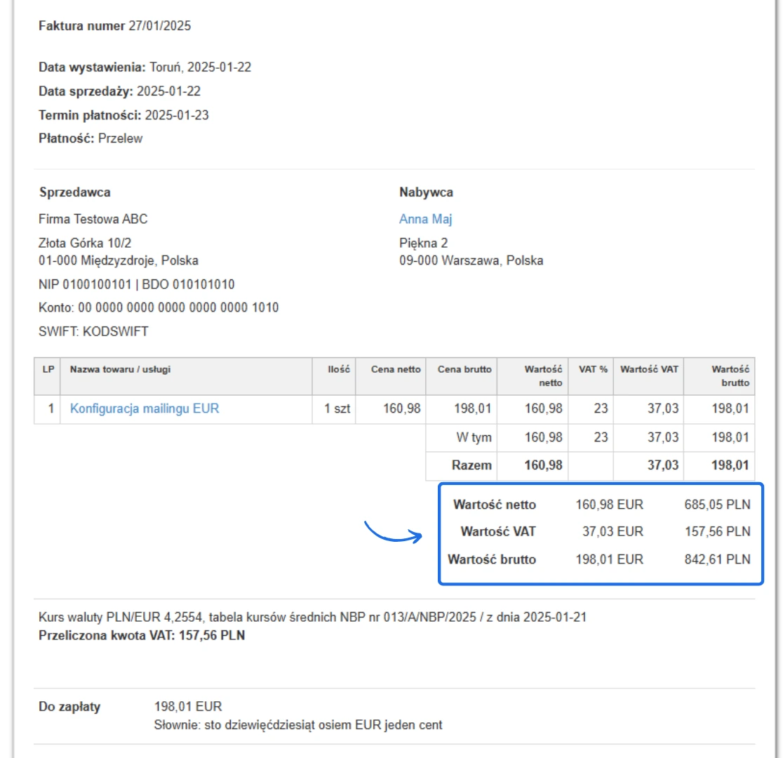 Przykład faktury dwuwalutowej z wyszczególnieniem wartości netto, VAT i brutto w EUR oraz przeliczeniem na PLN według kursu NBP.