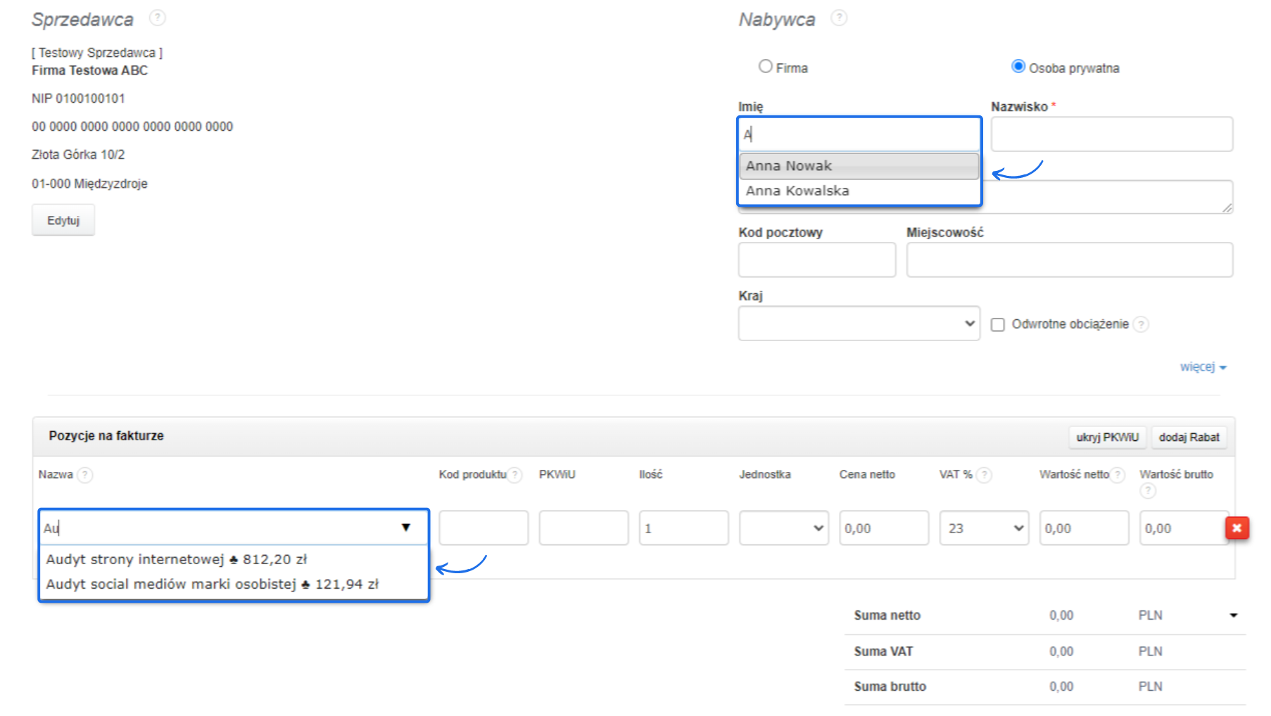 Formularz faktury w programie Fakturownia z polami wypełnionymi przykładowymi danymi sprzedawcy, nabywcy oraz pozycjami na fakturze, takimi jak audyt strony internetowej i audyt social mediów.