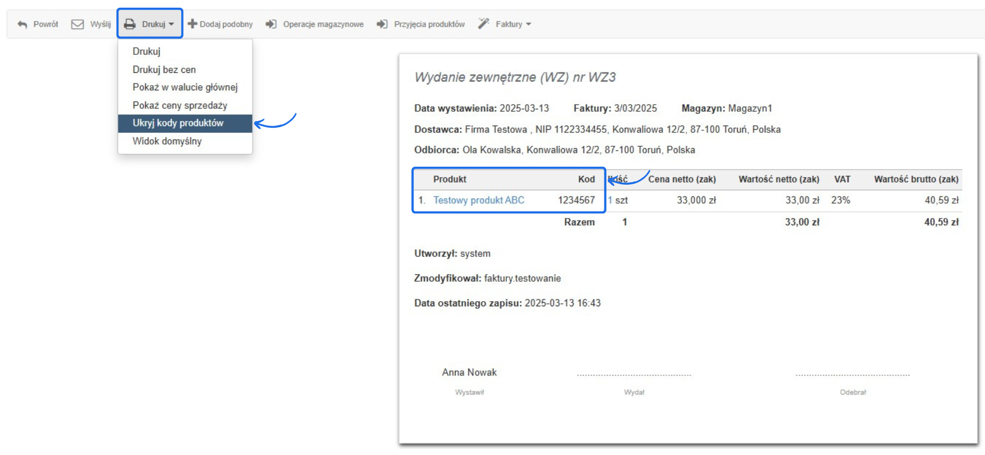 Podgląd dokumentu magazynowego WZ3 z datą 13/03/2025. W menu 'Drukuj' wybrana opcja 'Ukryj kody produktów'. Lista produktów z widocznym kodem 1234567 dla 'Testowego produktu ABC'.
