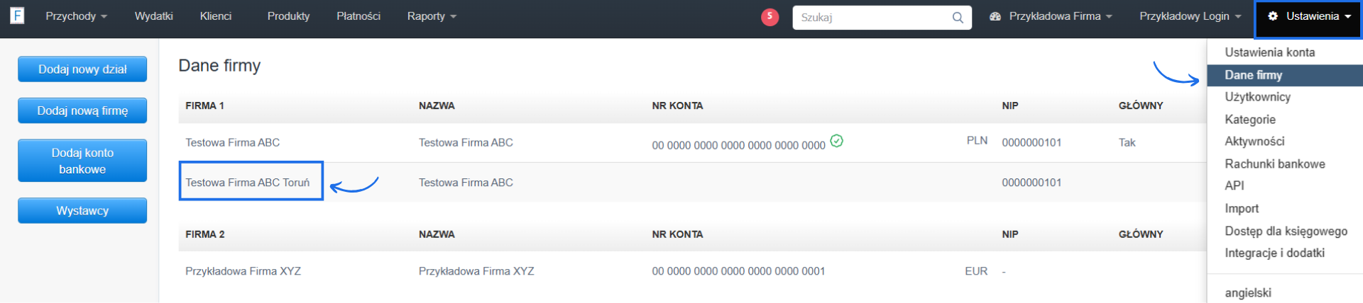 Lista firm i działów utworzonych na koncie w systemie Fakturownia z podstawowymi danymi o dziale i możliwością edycji poprzez kliknięcie nazwy.