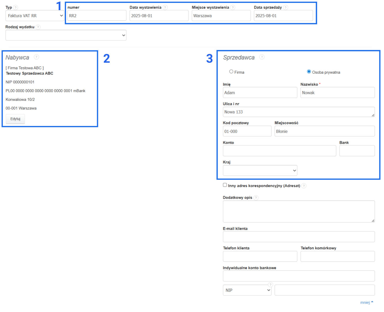 Formularz faktury VAT RR z zaznaczonym istotnymi pola do uzupełnienia w tym numer, daty i dane sprzedawcy/nabywcy.