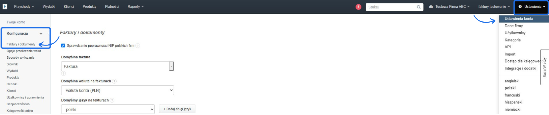 Ustawienia Fakturowni z otwartą zakładką „Faktury i dokumenty” oraz zaznaczoną opcją sprawdzania poprawności NIP polskich firm.