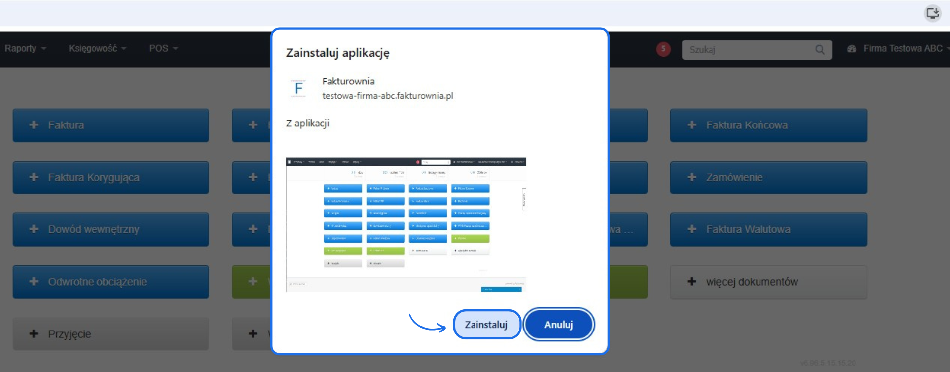 Okno przeglądarki z komunikatem „Zainstaluj aplikację Fakturownia” i przyciskami „Zainstaluj” oraz „Anuluj”.