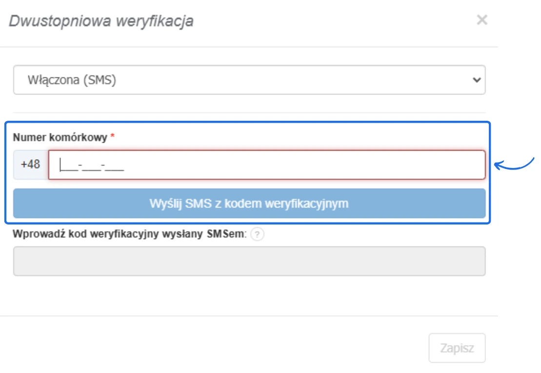 Panel weryfikacji dwustopniowej z opcją 'Włączona (SMS)' i przyciskiem 'Wyślij SMS z kodem weryfikacyjnym' dla autoryzacji konta.
