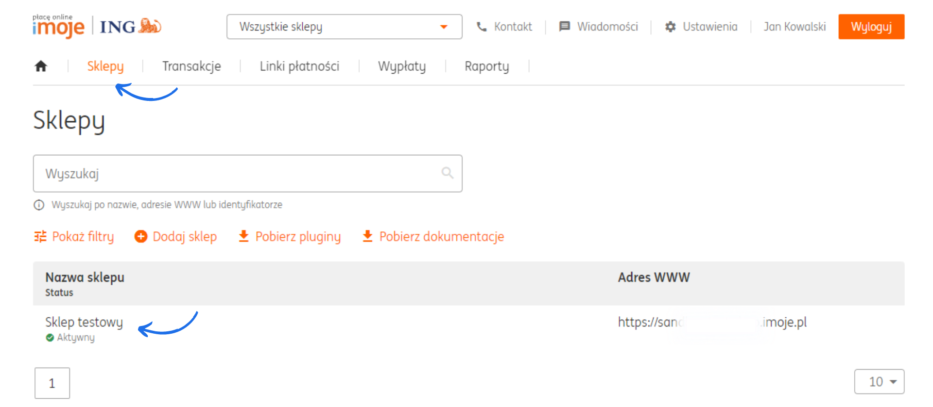 Panel imoje z listą sklepów, widoczny aktywny sklep testowy z możliwością pobrania pluginów i dokumentacji.