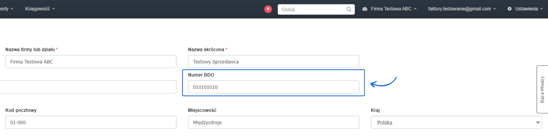 Formularz edycji danych firmy z polami na nazwę firmy, nazwę skróconą, numer BDO, miejscowość i kraj.