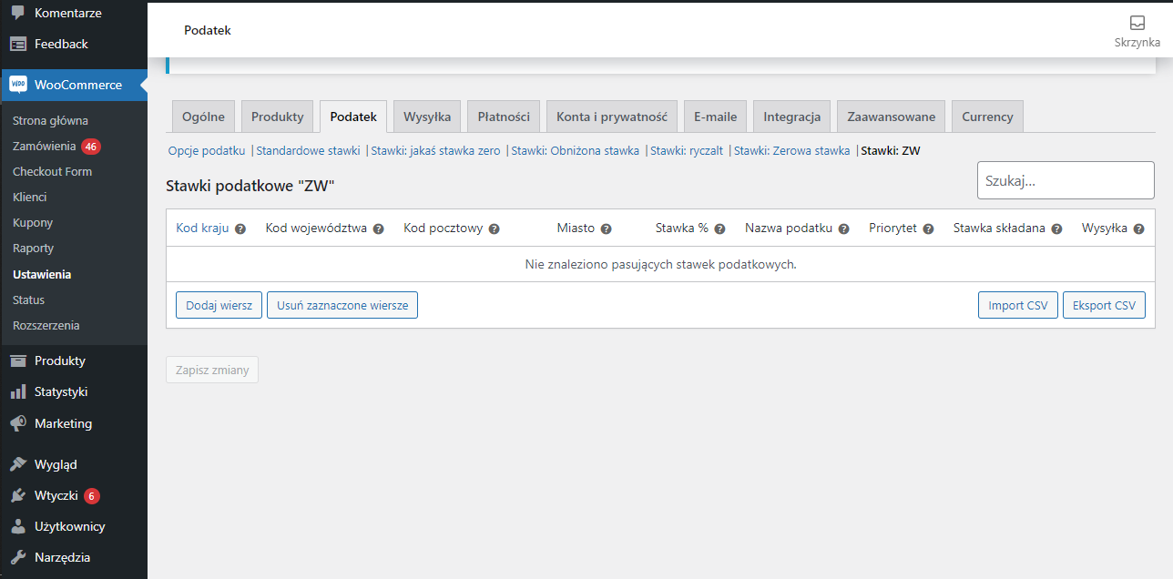 Ustawienia stawek podatkowych ZW w WooCommerce z opcjami dodania lub usunięcia wierszy oraz przyciskami eksportu i importu CSV.