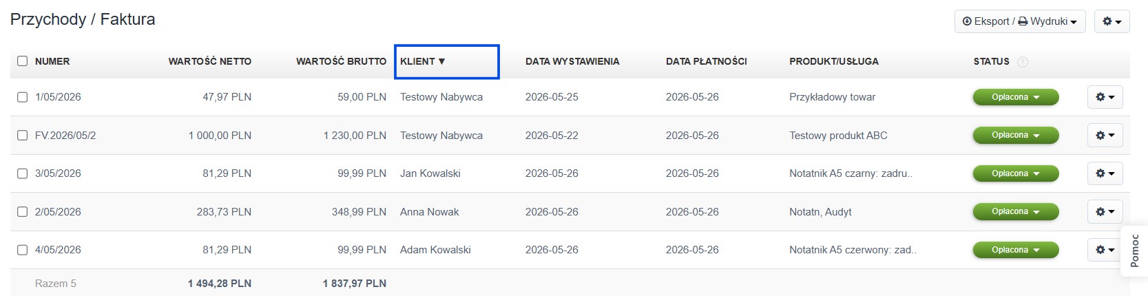 Lista faktur przychodowych posortowana malejąco według kolumny z danymi kontrahenta.