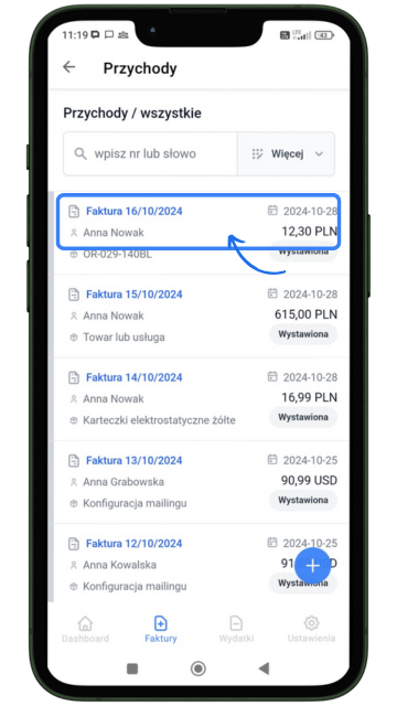 Lista dokumentów w zakładce przychody