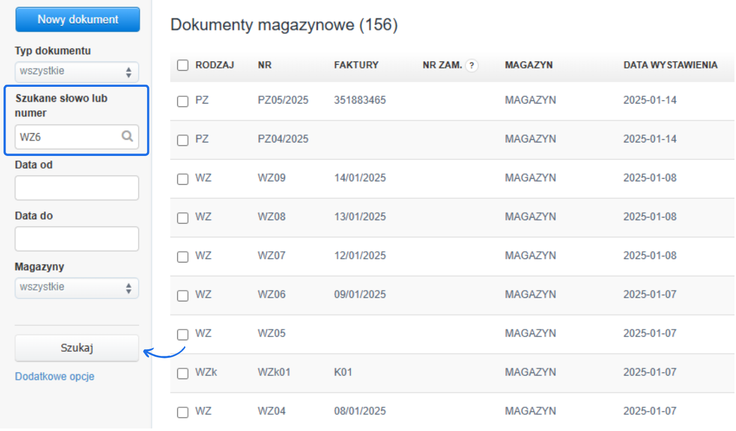 Panel wyszukiwania dokumentów magazynowych z filtrem 'Szukane słowo lub numer' ustawionym na 'WZ6' oraz listą wyników.