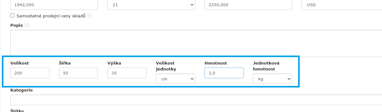 Velikost a vaha produktu 2