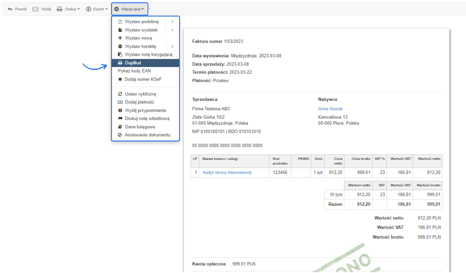 Podgląd faktury w Fakturowni z rozwiniętym menu 'Więcej opcji' pokazującym możliwość wystawienia duplikatu, korekty i innych operacji na dokumencie.