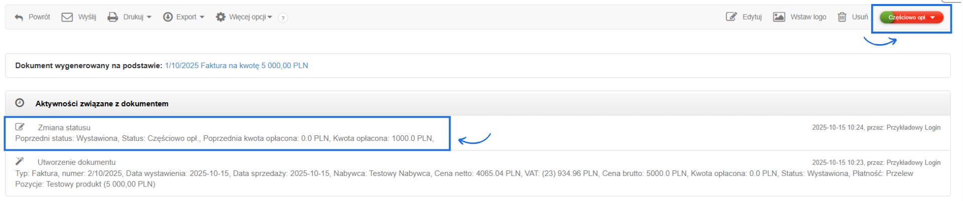 Status faktury częściowo opłaconej ze wskazaniem kolorystycznym - zielone opłacona część, czerwona nieopłacona część oraz sekcja aktywności związanych z dokumentem.
