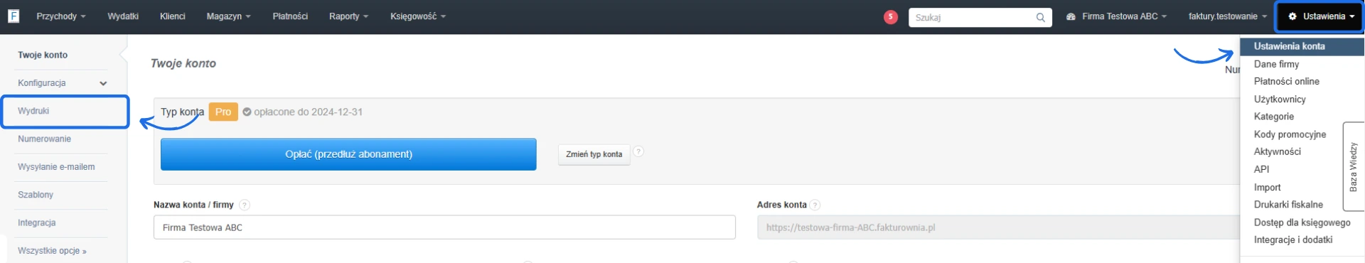 Opcje ustawień konta w panelu Fakturownia z możliwością konfiguracji wydruków dokumentów i zarządzania typem konta.