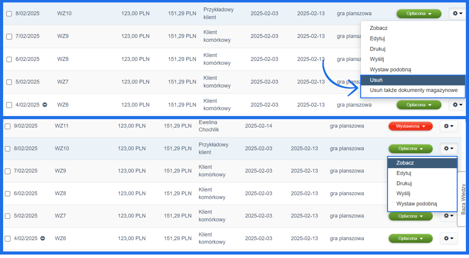Widok listy dokumentów WZ z aktywną i zablokowaną opcją usuwania – blokada usuwania faktur w systemie faktur online.