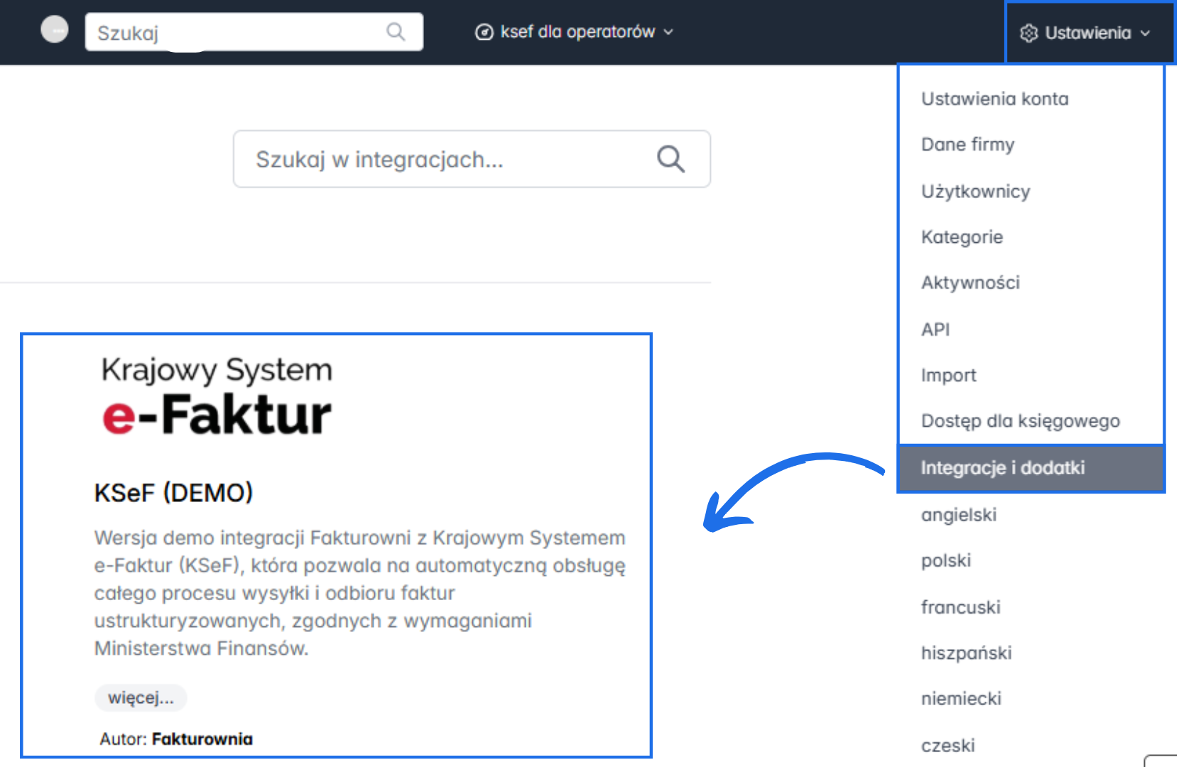 Ekran integracji Fakturowni z Krajowym Systemem e-Faktur (KSeF) w wersji demo, z widoczną ścieżką: Ustawienia → Integracje i dodatki.