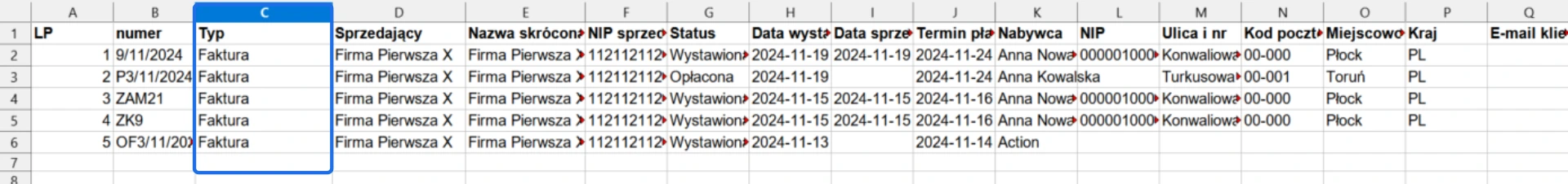Przykład tabeli z danymi faktur, zawierającej numer, typ, sprzedawcę, daty, status, nabywcę, NIP, adres oraz inne szczegóły transakcji.