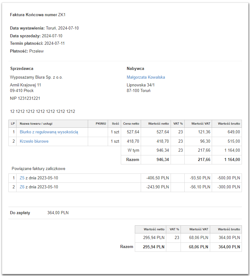Faktura końcowa ZK1 za biurko z regulowaną wysokością i krzesło biurowe z odjętymi zaliczkami Z5 i Z6, do zapłaty 364 PLN.