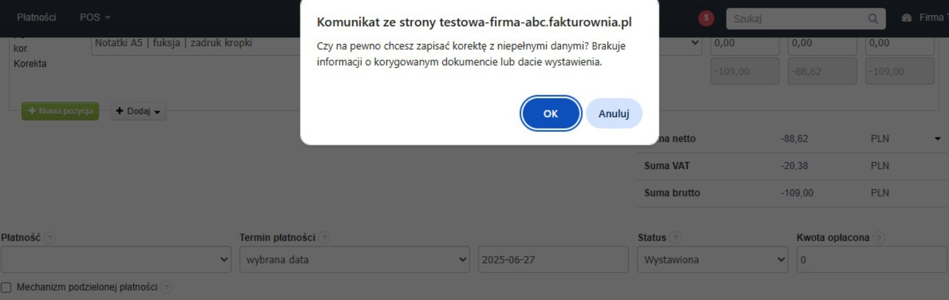 Komunikat wskazujący na próbę utworzenia faktury korygującej z niepełnymi danymi w systemie do fakturowania.
