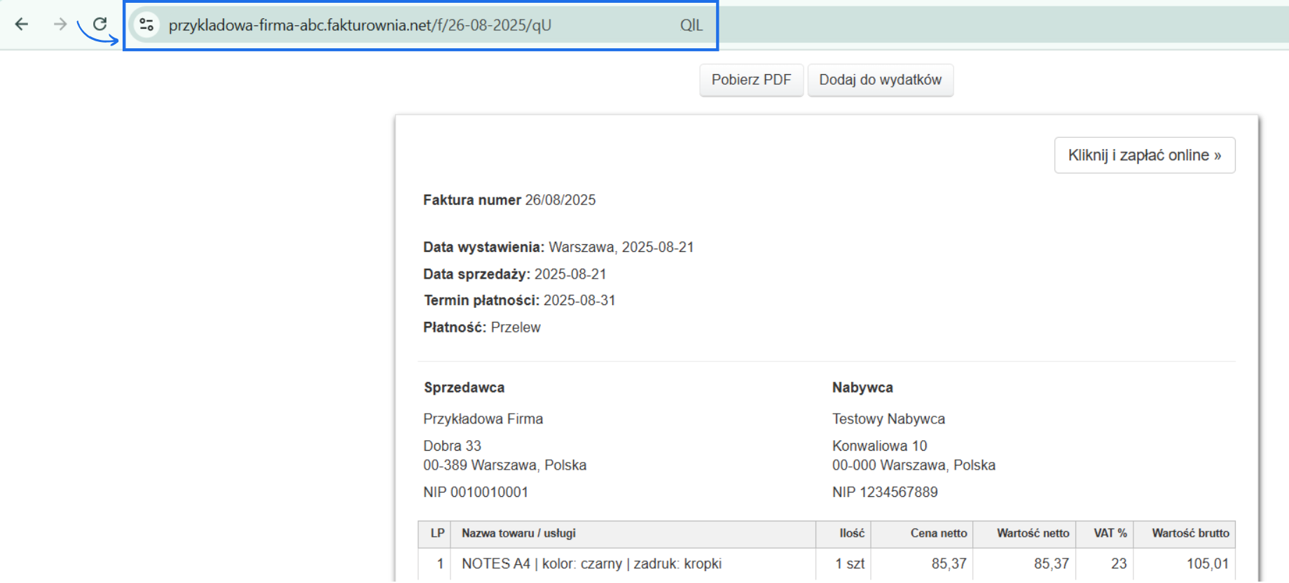 Podgląd faktury wystawionej dla testowego nabywcy z linkiem do przekazania do podglądu faktury przez klienta.