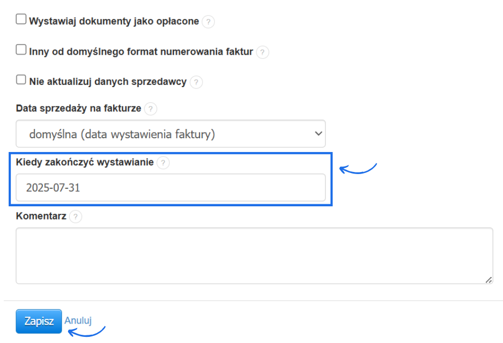 Formularz tworzenia/edycji cyklu z aktywnym polem, które pozwala wyłączyc wystawianie dokumentów z cyklu bez jego usuwania.