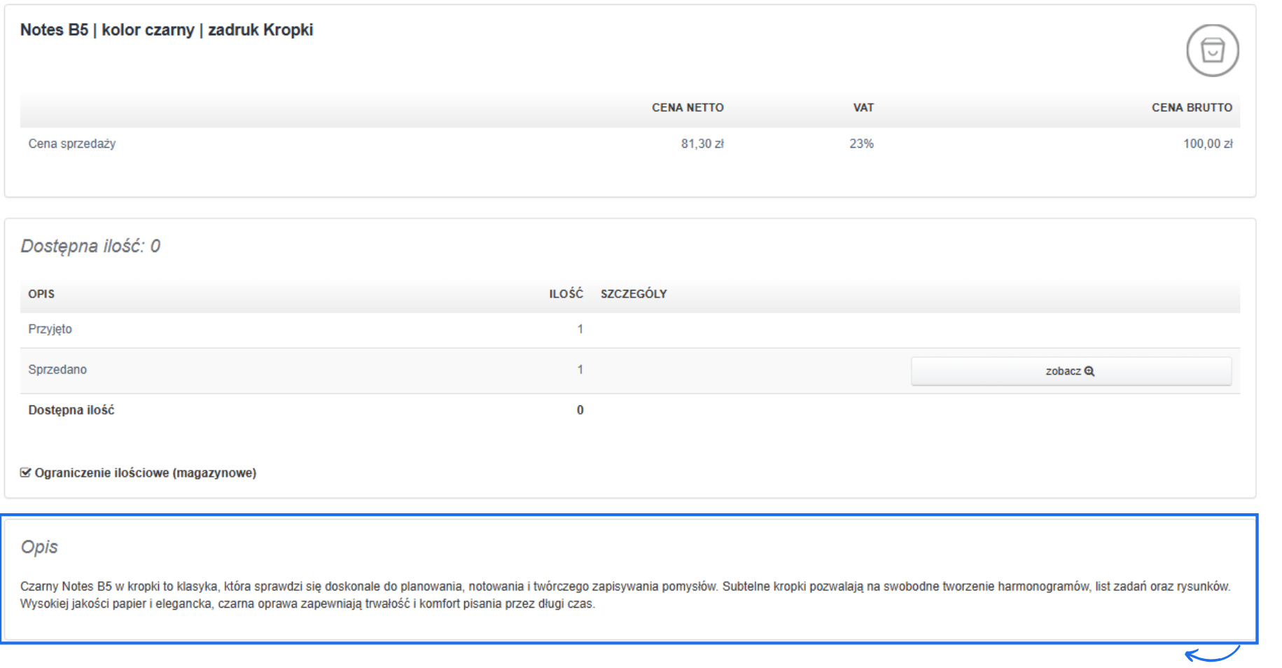 Karta produktu Notes B5 w kropki z opisem, ceną 100 zł brutto i informacją o braku dostępnej ilości w magazynie.