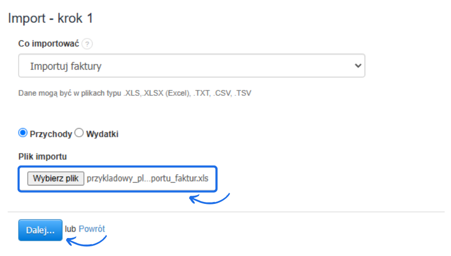 Ekran pierwszego kroku importu faktur z wybranym plikiem przykładowy_plik_importu_faktur.xls oraz przyciskiem 'Dalej' do kontynuacji.