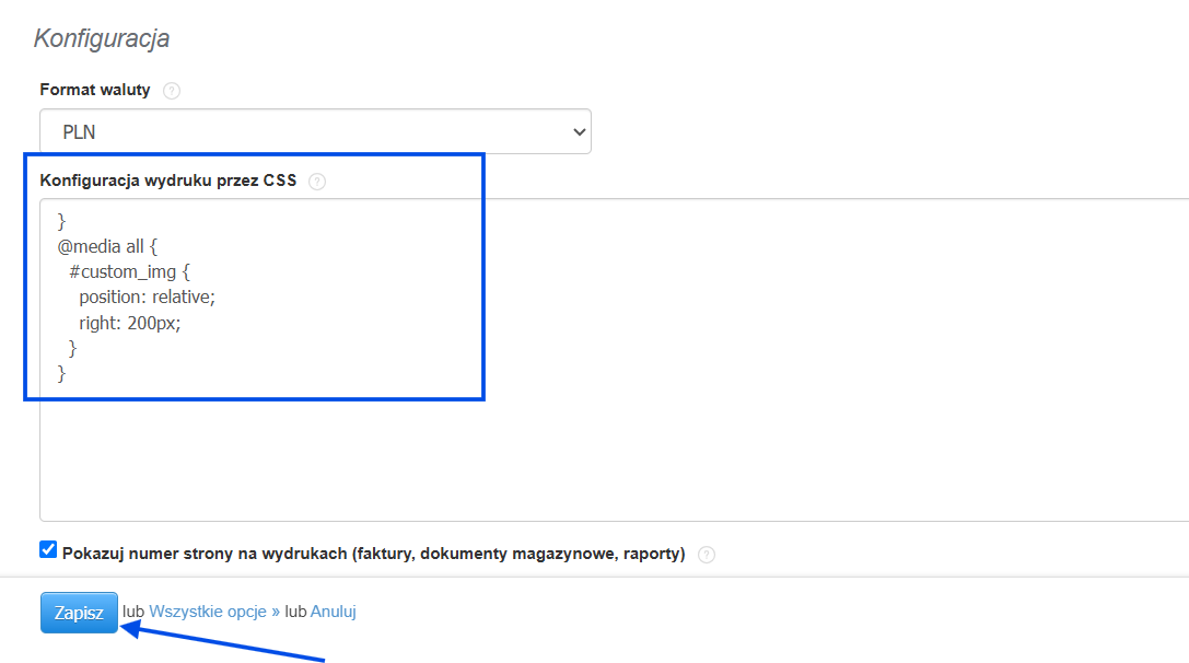 Konfiguracja wydruku faktury przez CSS w ustawieniach konta Fakturowni.