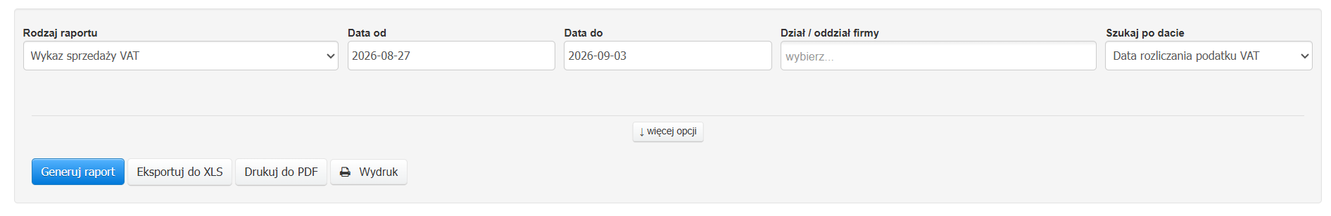 Raport wykaz sprzedaży VAT z opcjami konfiguracji danych takimi jak zakres dat, dział firmy, data wyszukiwania.