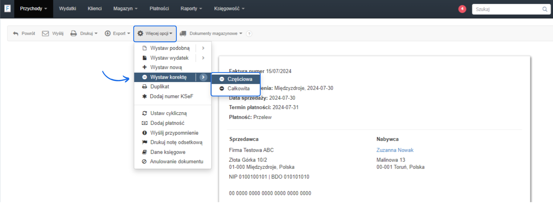 Wystawianie korekty w systemie Fakturownia.pl z opcjami korekty częściowej i całkowitej dla wybranej faktury.