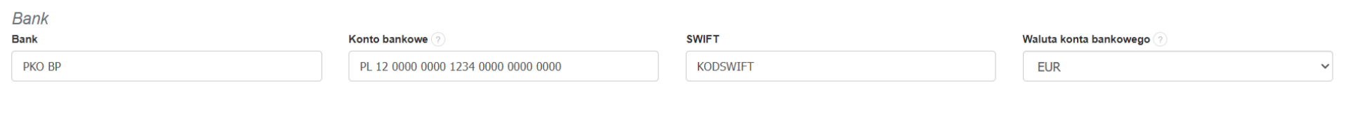 Sekcja dotycząca danych bankowych w ustawieniach działu z nazwą banku numerem konta z IBAN, kodem SWIFT oraz walutą konta bankowego.