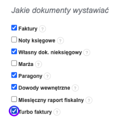 Ustawienia w systemie Fakturownia z zaznaczoną opcją włączenia TurboFaktur jako dodatkowego rodzaju dokumentu.