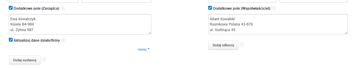 Wypełnione pola „Zarządca” i „Współwłaściciel” z danymi Ewy Kowalczyk i Adama Kowalskiego oraz zaznaczone opcje dodatkowe.