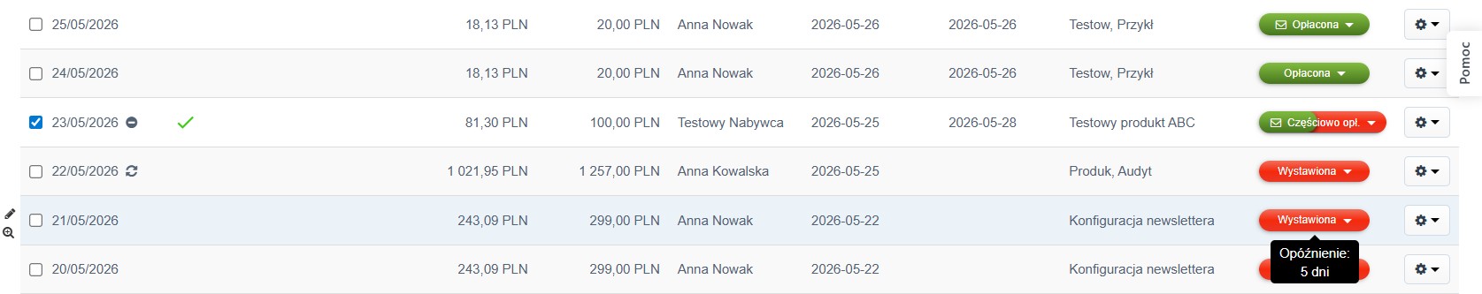 Lista faktur ze szczegółami dokumentów i kolumną status do kontrolowania płatności po terminie.