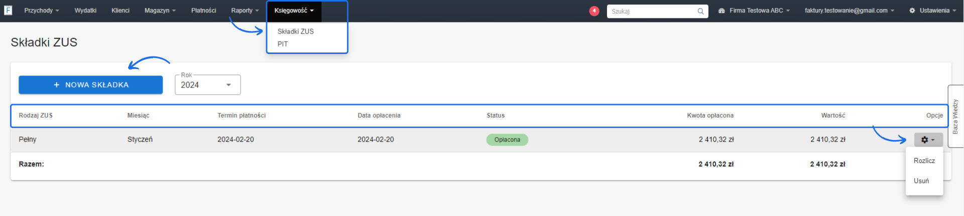 Lista składek ZUS dodanych na koncie, na którym aktywowano opcję rozliczenia ZUS, która wylicza wartość składek do opłacenia przez przedsiębiorce.