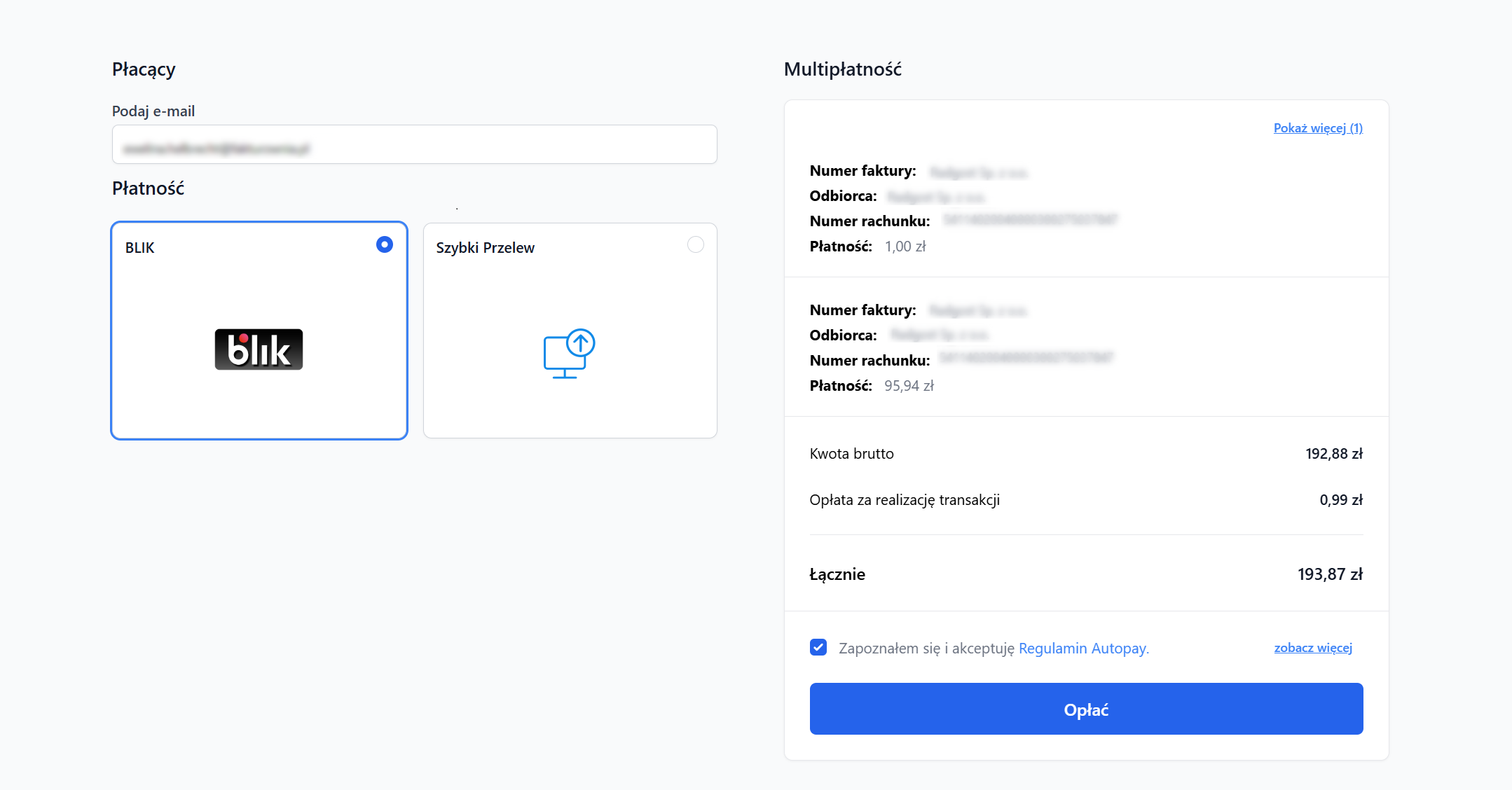 Ekran płatności online z wyborem metody BLIK, szybki przelew, tradycyjny przelew, szczegóły faktury i kwoty do zapłaty, oraz opcją opłacenia faktury.