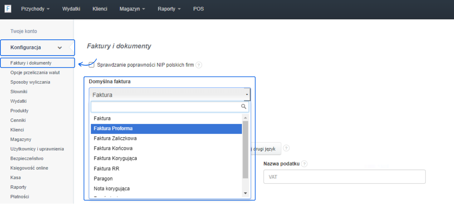 Ustawienia w panelu sterowania, umożliwiające dostosowanie preferencji użytkownika, w tym określenie domyślnego typu dokumentu w Fakturowni.