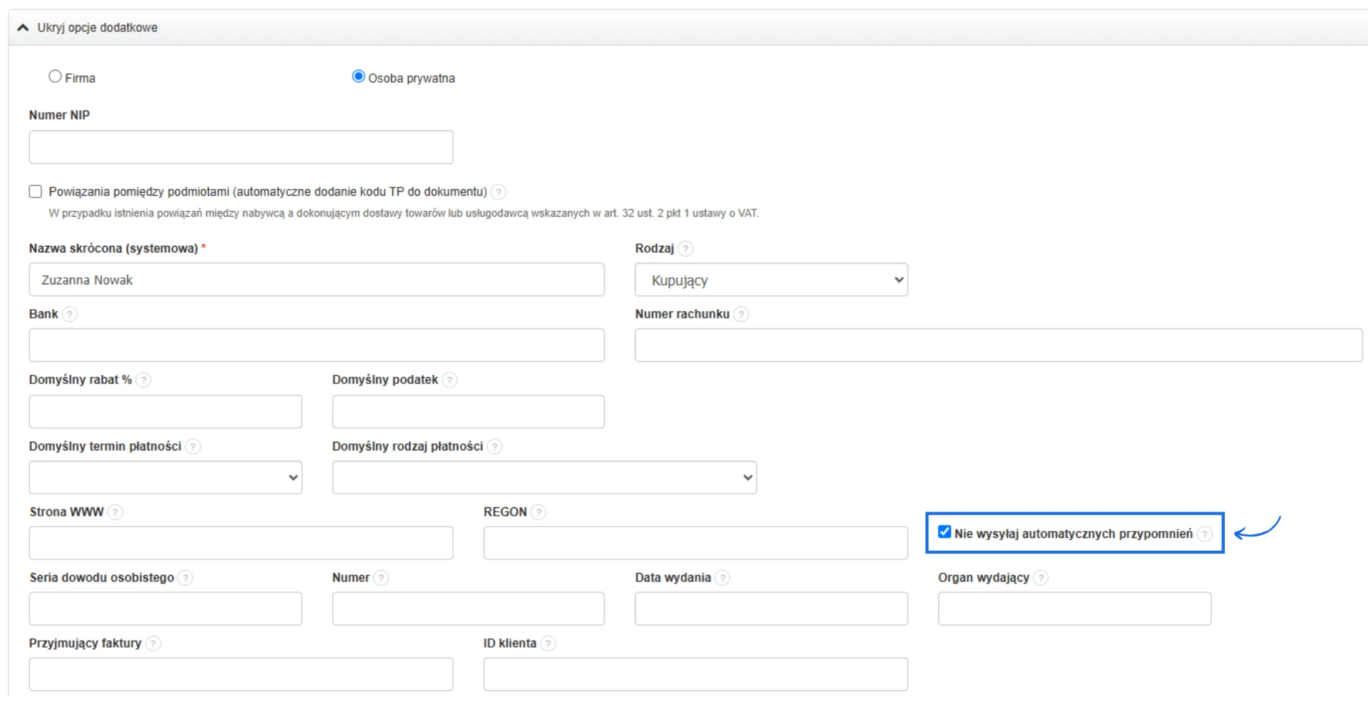 Edycja danych klienta w systemie do fakturowania z możliwością aktywacji opcji, która zablokuje wysyłanie automatycznych powiadomień dla wybranego kontrahenta.