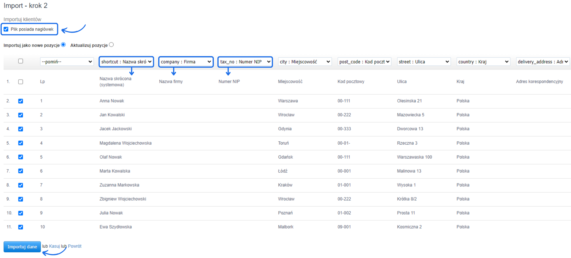 Proces przypisywania zmiennych podczas importu klientów z pliku, z mapowaniem pól takich jak kod pocztowy, nazwa firmy i numer NIP.