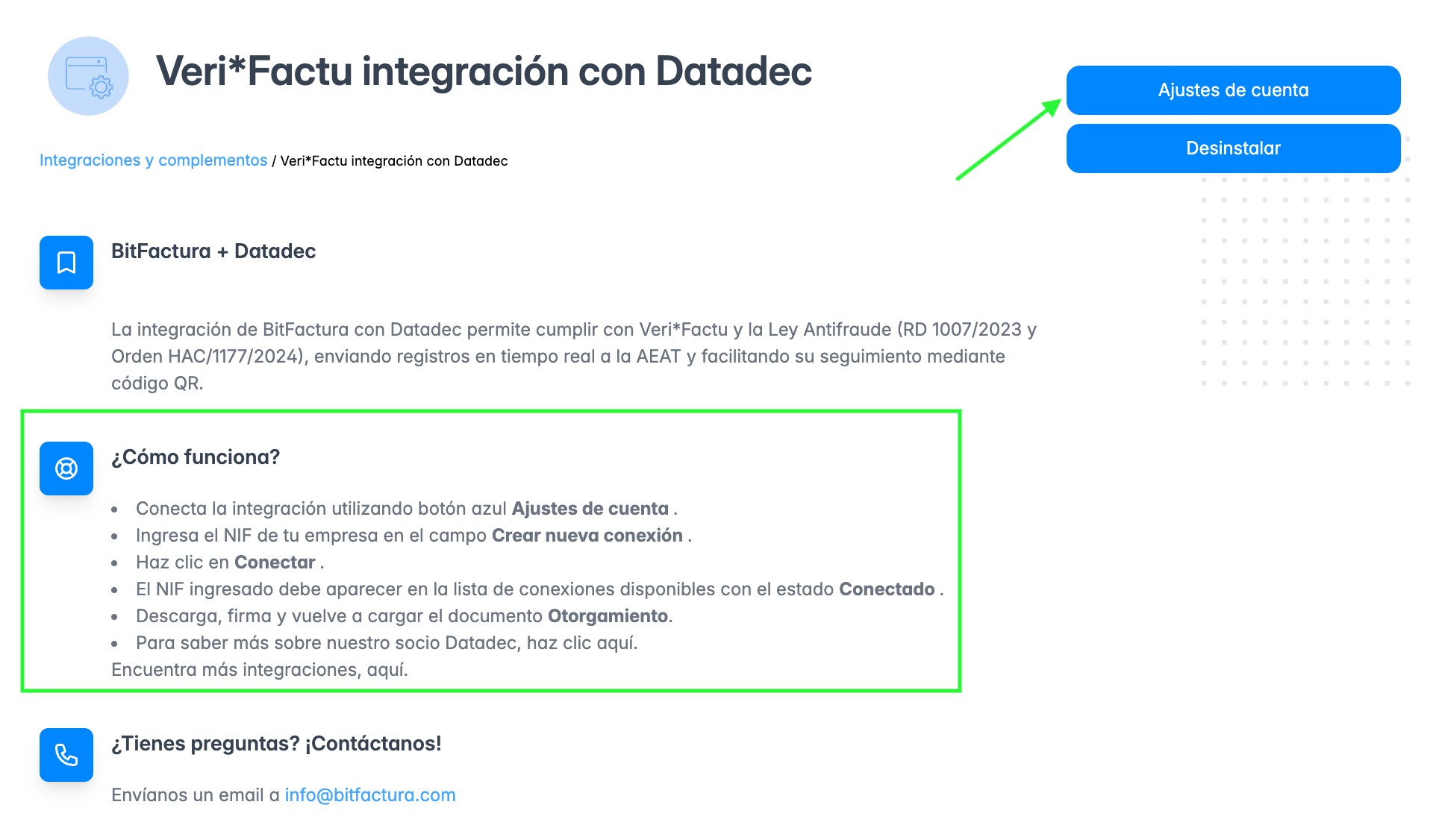Botón Ajustes de cuenta en la integración Verifactu de BitFactura