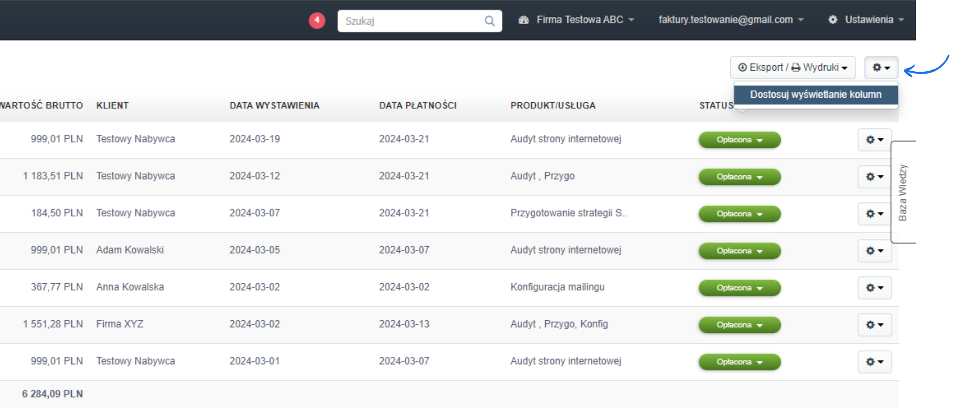 Lista faktur z dodatkowymi ustawieniami wyświetlania kolumn.
