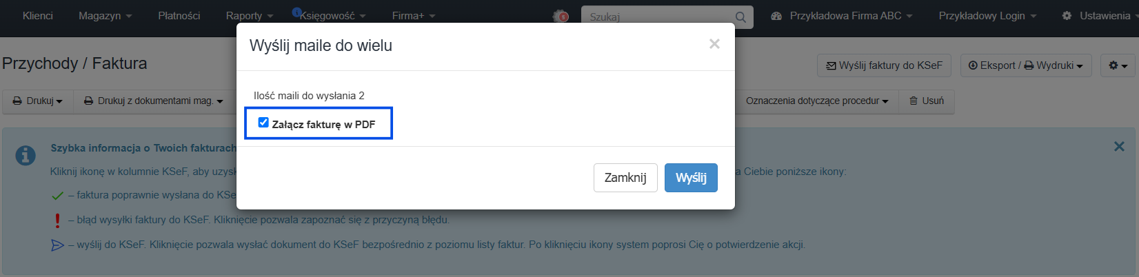 Okno dialogowe w systemie księgowym z opcją zbiorczej wysyłki maili z fakturami w formacie PDF i załącznikami, z przyciskiem Wyślij.