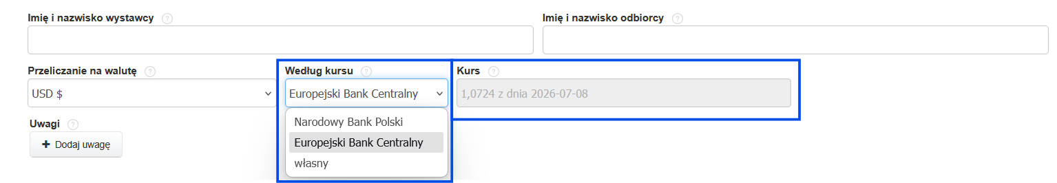 Formularz tworzenia faktury z wybranym kursem przeliczenia i zastosowanym przez system kursem.