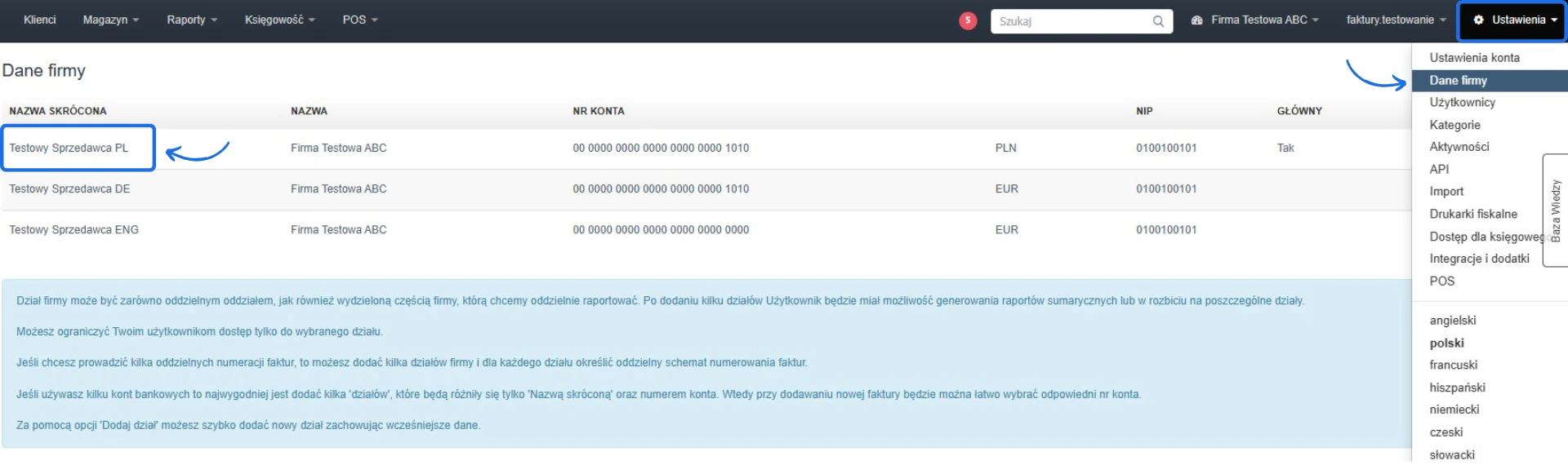 Widok edycji danych firmy z listą działów: Testowy Sprzedawca PL, DE i ENG z przypisanymi walutami i numerami kont.