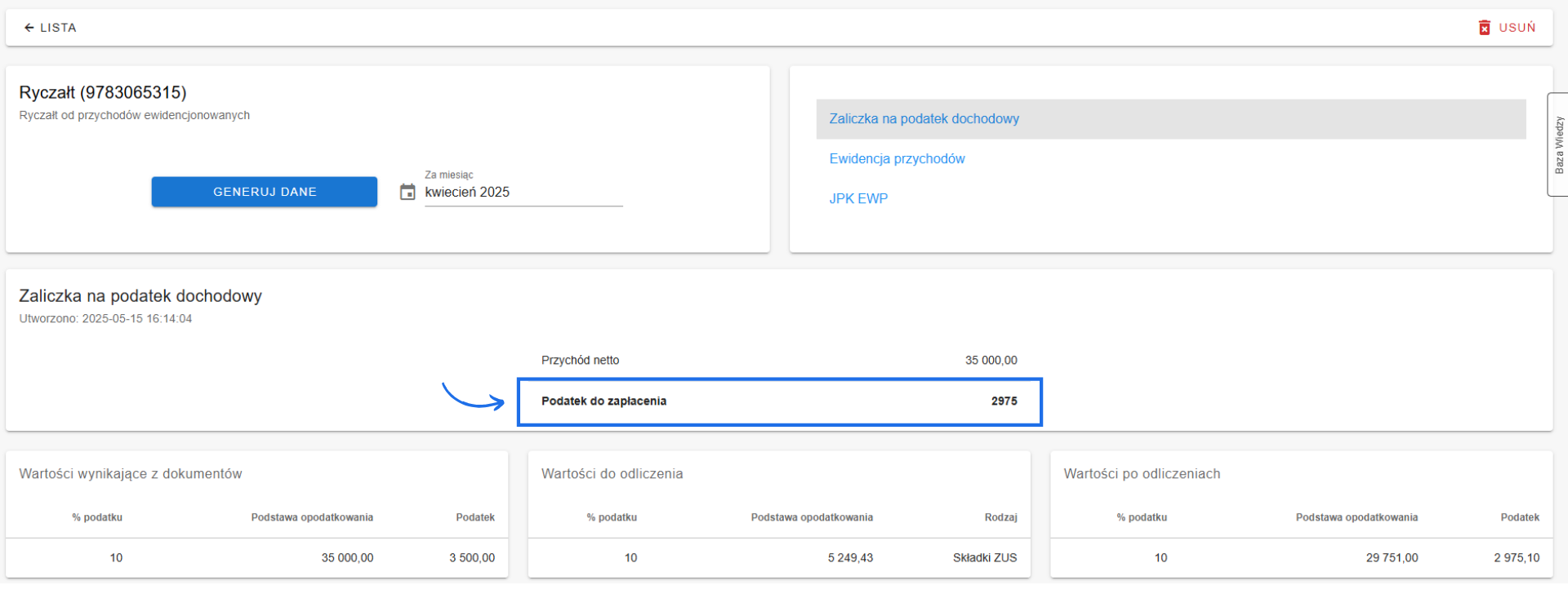 Zaliczka na podatek ryczałtowy – kwiecień 2025, z widocznym podatkiem do zapłacenia: 2975 zł po odliczeniu składek ZUS.