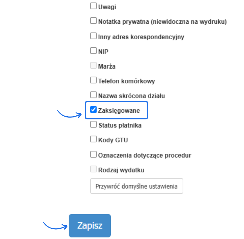 Opcje konfiguracji w Fakturowni z zaznaczoną opcją 'Zaksięgowane' oraz przyciskiem 'Zapisz' do zapisania ustawień.