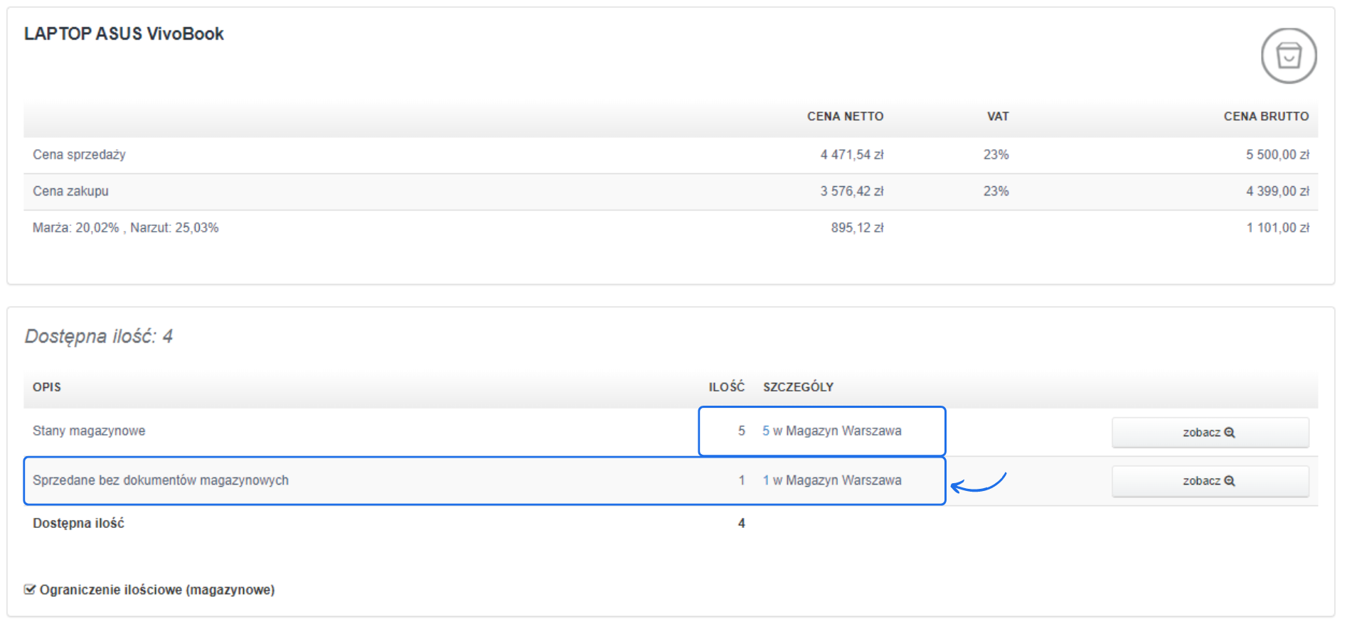 Ekran produktu laptopa ASUS VivoBook pokazujący dostępne ilości, w tym sprzedane bez dokumentów magazynowych i stany magazynowe.