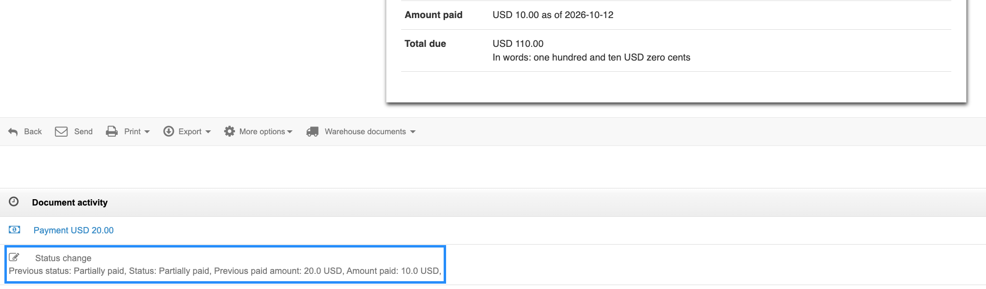 Document activity log with the invoice status change to Partially paid