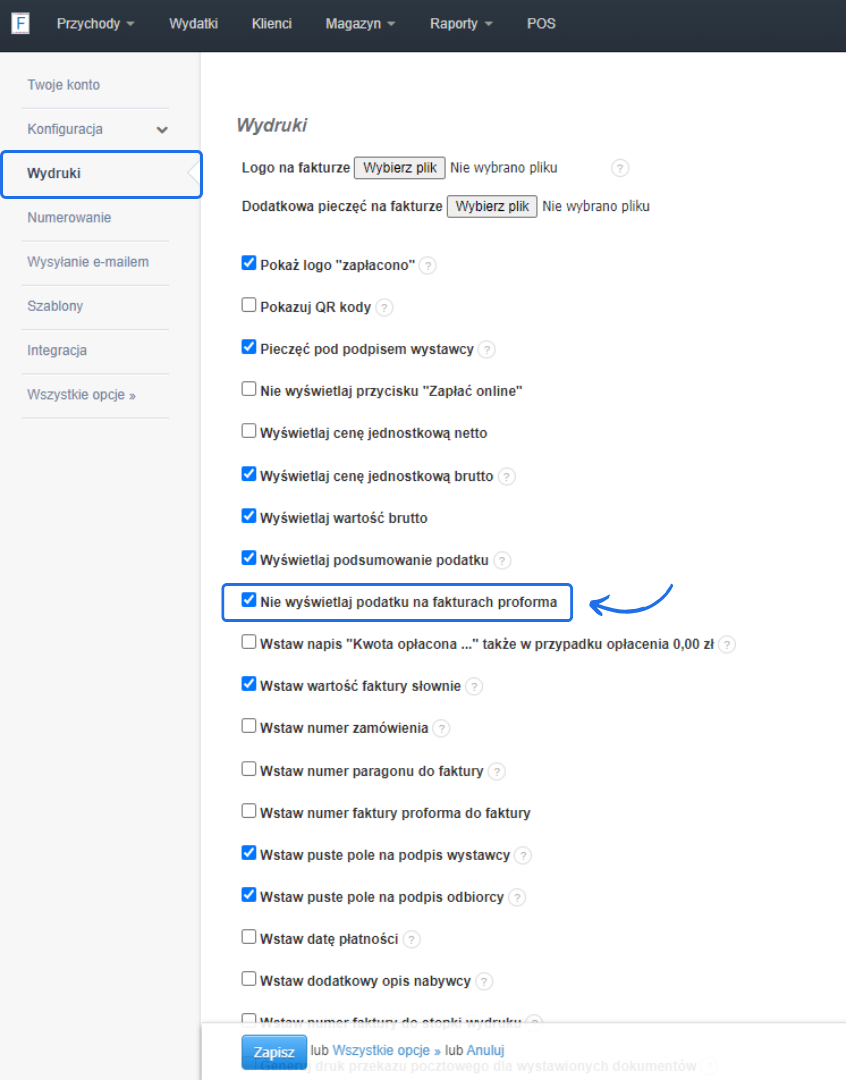 Ustawienia wydruków w systemie fakturowania, z zaznaczoną opcją 'Nie wyświetlaj podatku na fakturach proforma' oraz innymi preferencjami dotyczącymi wyglądu faktur.
