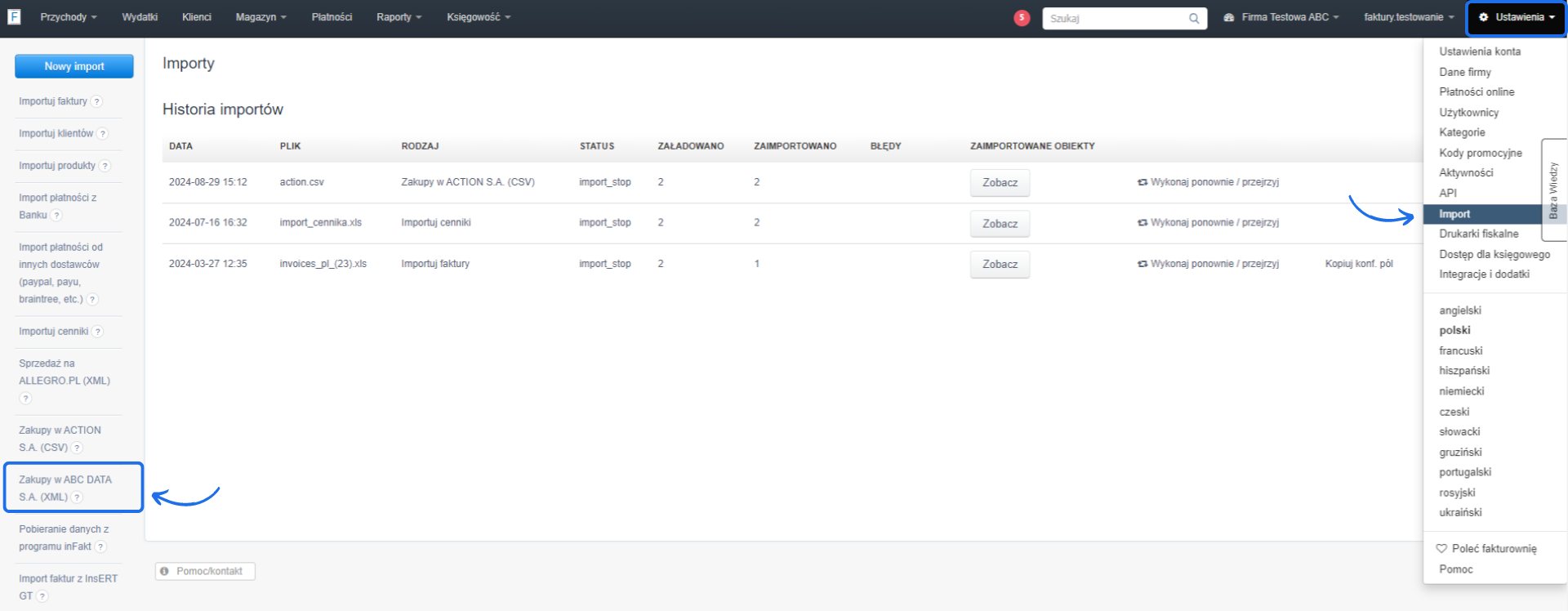 Panel importu w Fakturowni z zaznaczoną opcją 'Zakupy w ABC DATA S.A. (XML)' i historią wcześniejszych importów.